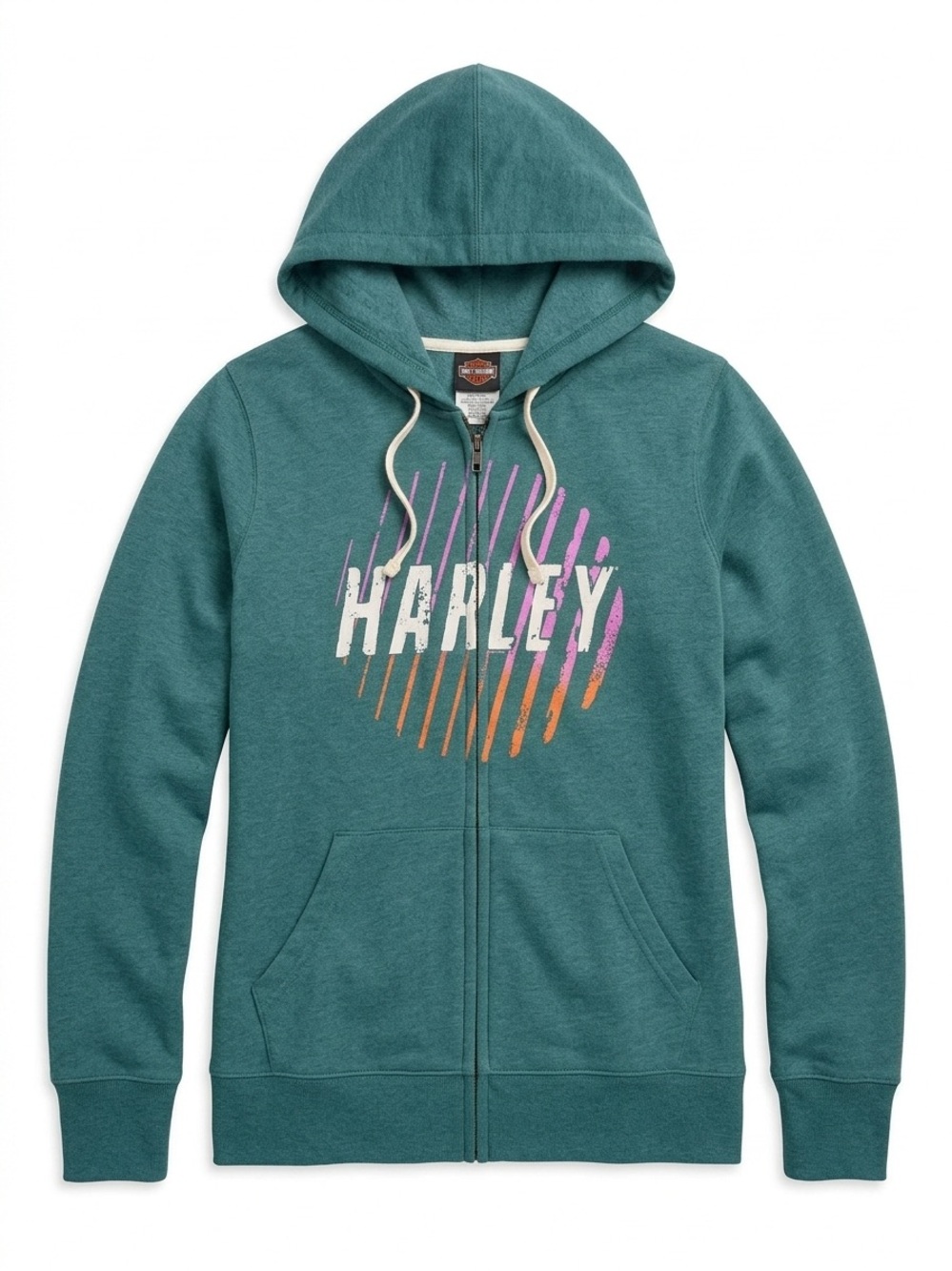 Women’s Harley-Davidson Teal Zip-Up Hoodie with Pink/Orange Logo Accents Size M